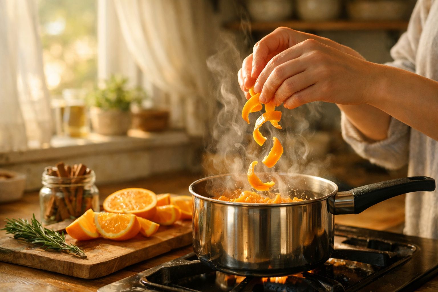 Mãos a adicionar cascas de laranja a panela com vapor numa cozinha acolhedora e iluminada.