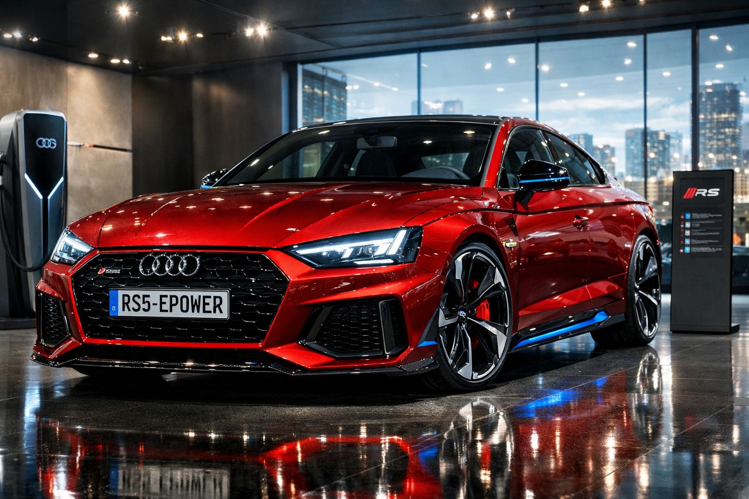 Carro Audi RS5 vermelho brilhante estacionado em exposição interior com janelas e vista urbana noturna.