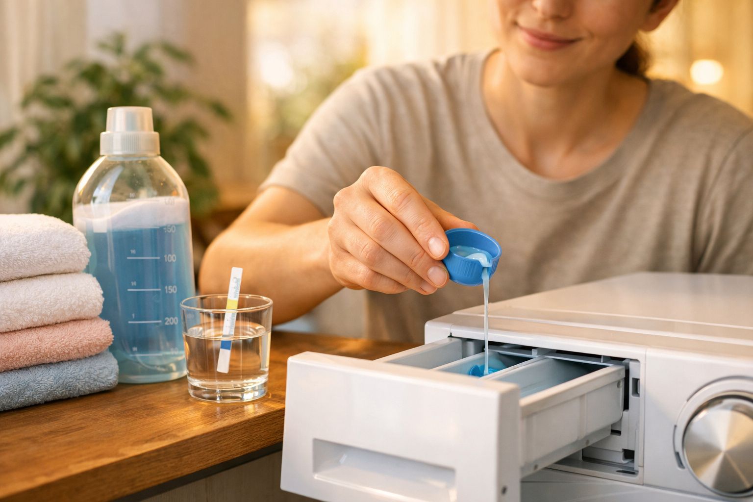 Pessoa a deitar detergente líquido na gaveta de uma máquina de lavar roupa branca.