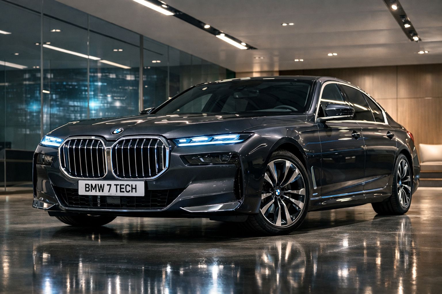 Automóvel BMW 7 Tech cinzento escuro estacionado em piso brilhante, com luzes dianteiras acesas.