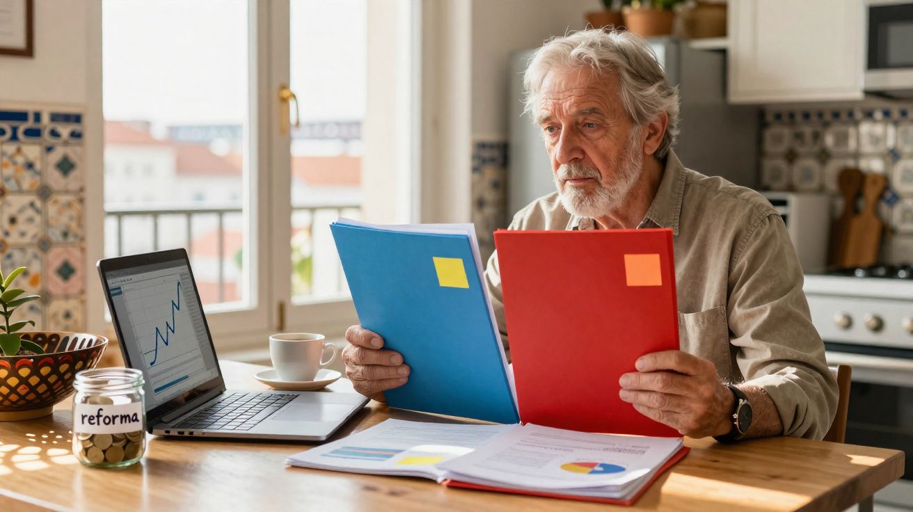 Homem idoso analisa documentos com laptop e mealheiro de reformas numa cozinha iluminada.