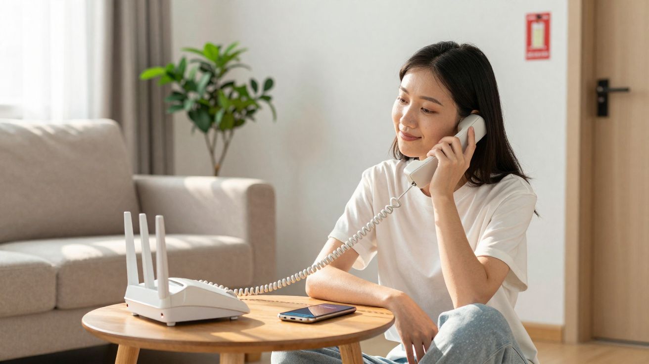 Mulher sentada no chão a falar ao telefone fixo numa sala com sofá e planta.