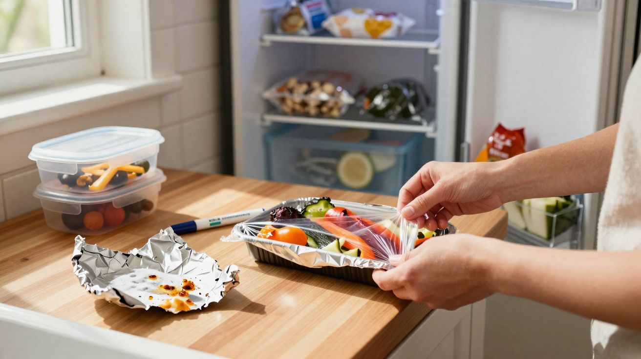 Mãos a retirar película de frescos numa refeição preparada sobre bancada de cozinha junto a frigorífico aberto.
