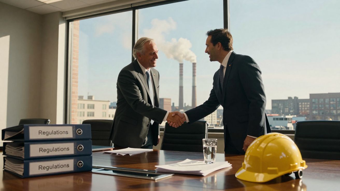 Dois homens de fato apertam as mãos numa sala de reunião com capacete amarelo e documentos sobre a mesa.