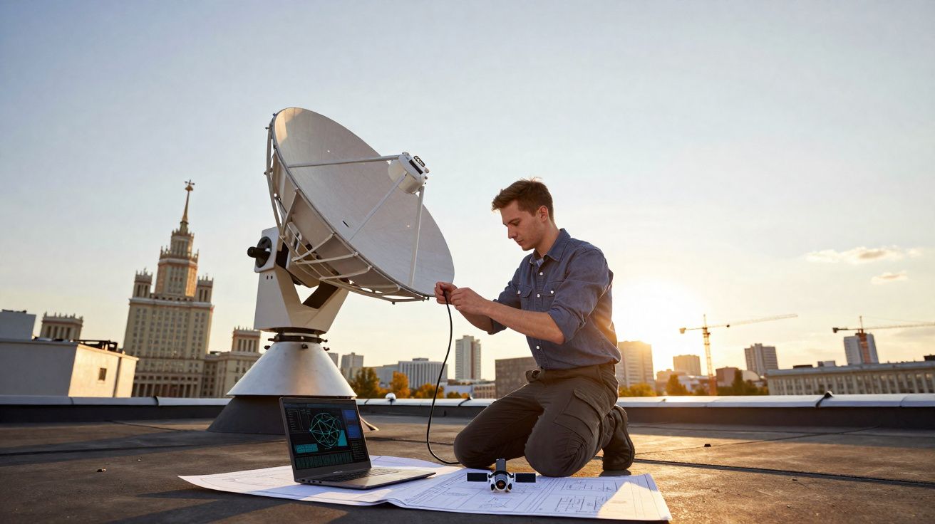 Homem a ajustar antena parabólica no telhado ao pôr do sol, com laptop e plantas no chão.