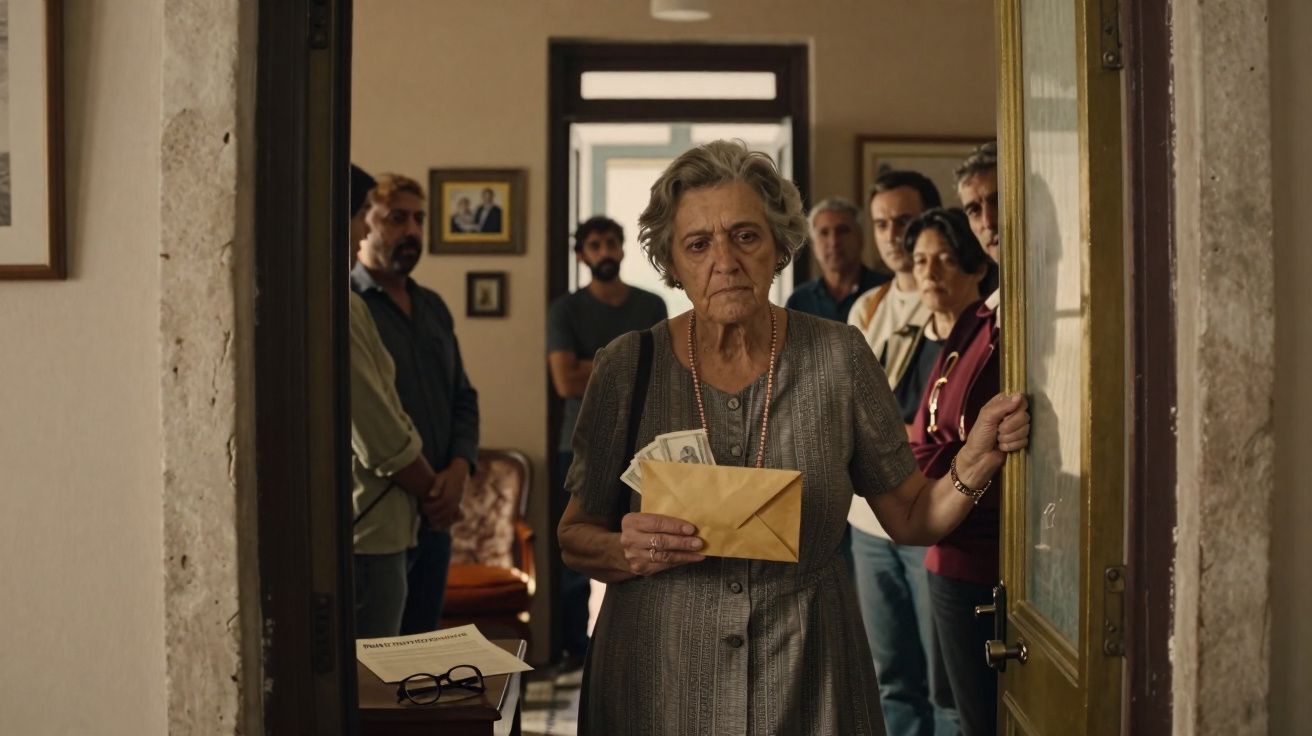 Mulher idosa com expressão séria segura envelope com dinheiro enquanto outras pessoas observam atrás dela num corredor.