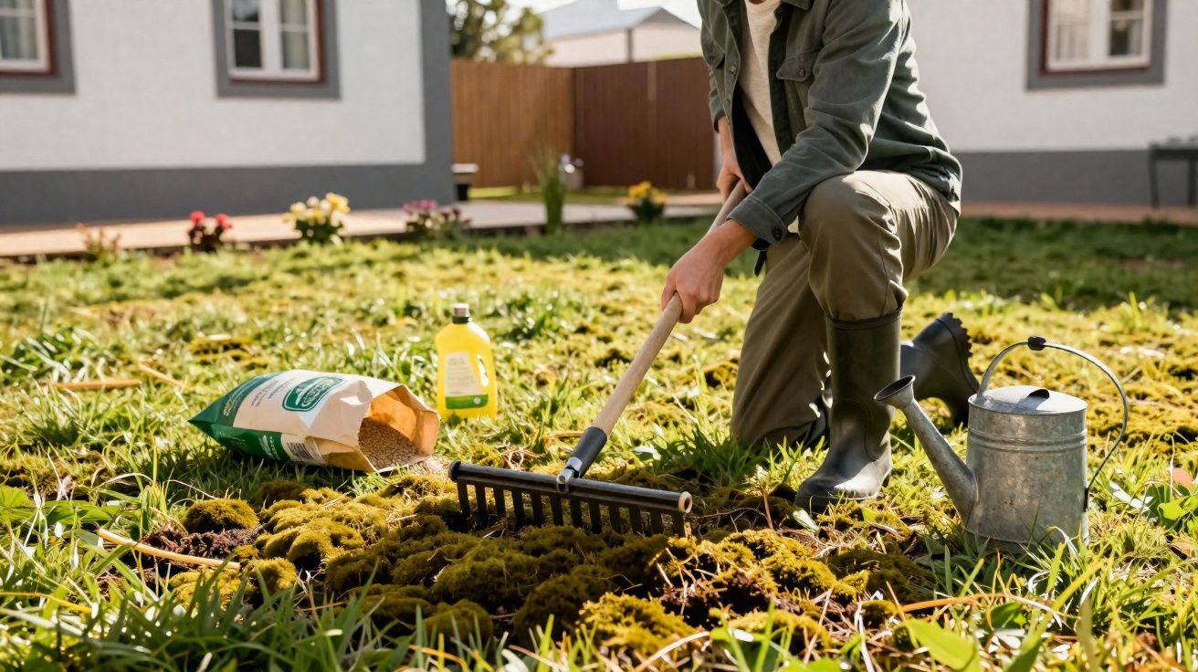 Pessoa a usar ancinhos no jardim, rodeada por sacos de fertilizante e regador metálico.