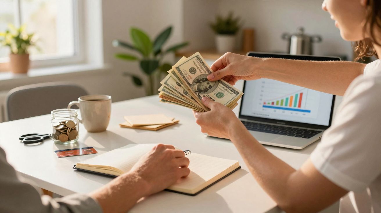 Dupla a contar dinheiro em dólares junto a computador com gráfico e caderno numa mesa branca.