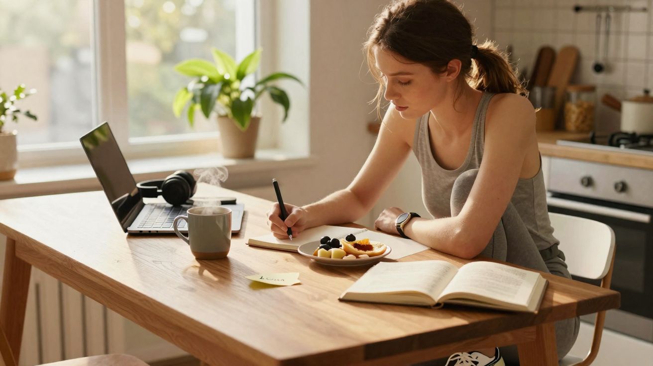 Mulher jovem a escrever numa mesa de madeira com computador, livros, chá e fruta numa cozinha iluminada.