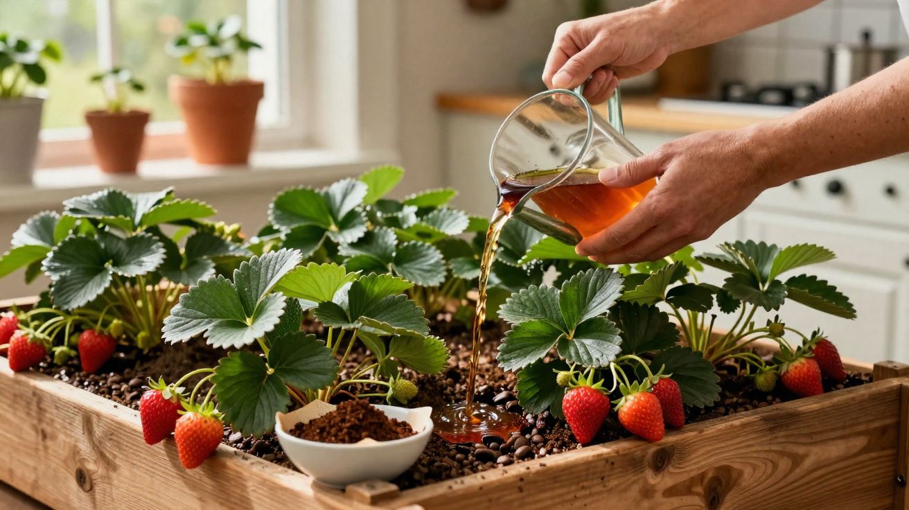 Pessoa a regar plantas de morango num tabuleiro de madeira numa cozinha iluminada.