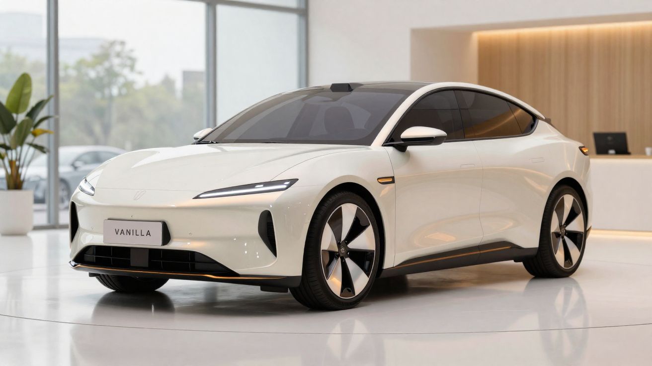 Carro elétrico branco moderno em exposição num espaço interior com chão espelhado.