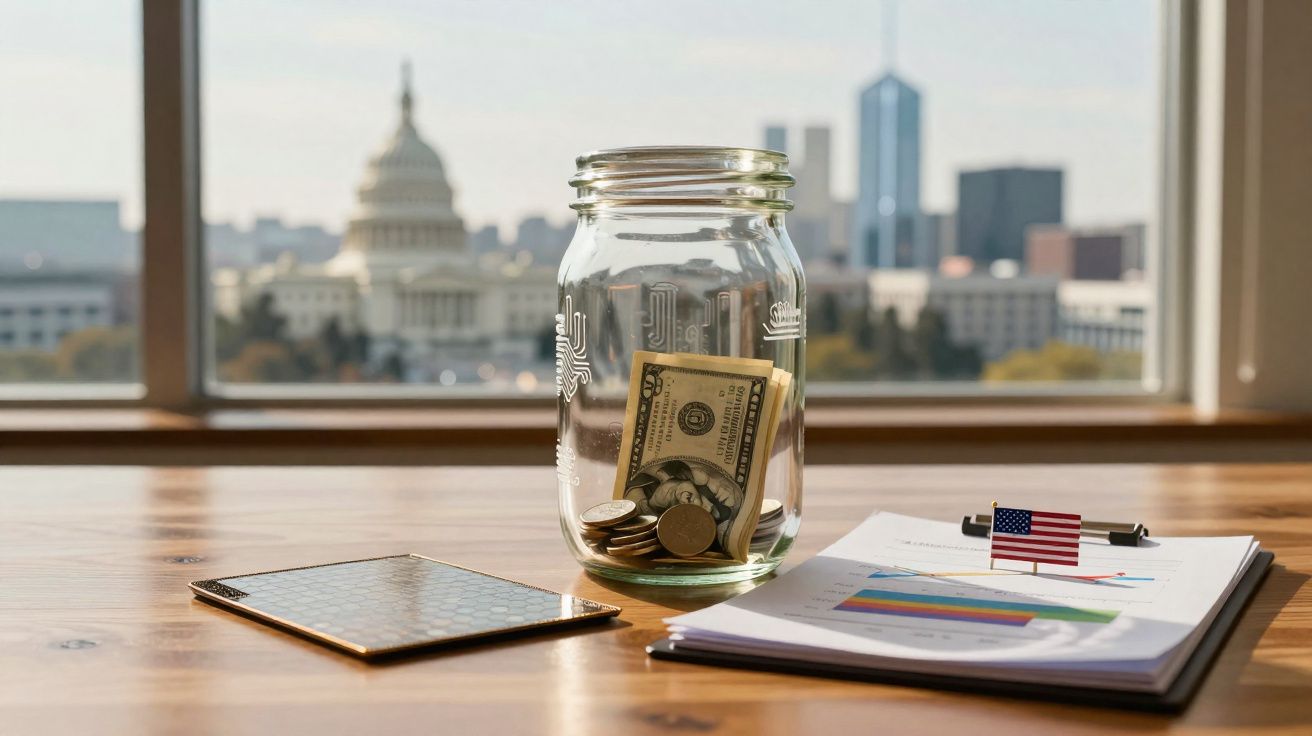 Frasco com dinheiro, documentos com gráficos e pequena bandeira dos EUA numa mesa, com edifícios de Washington ao fundo.