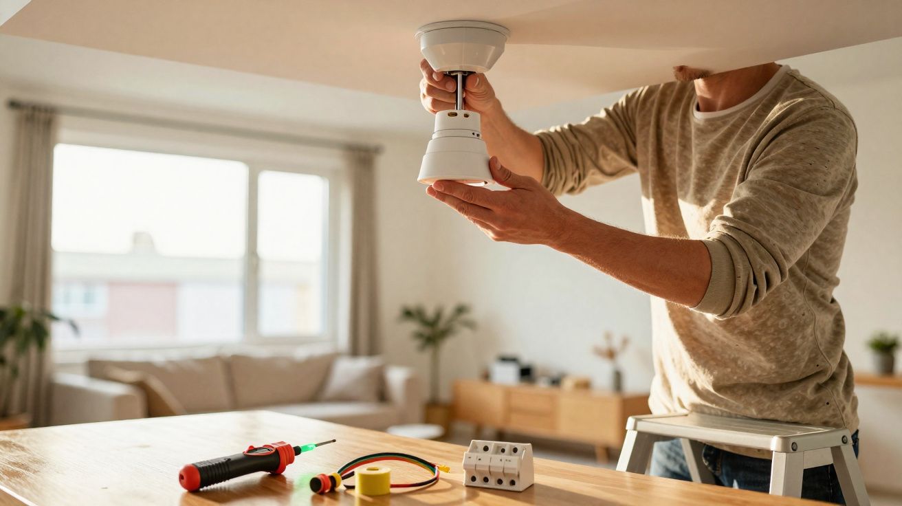Pessoa numa escada a instalar um detector de fumo numa sala iluminada com móveis modernos.