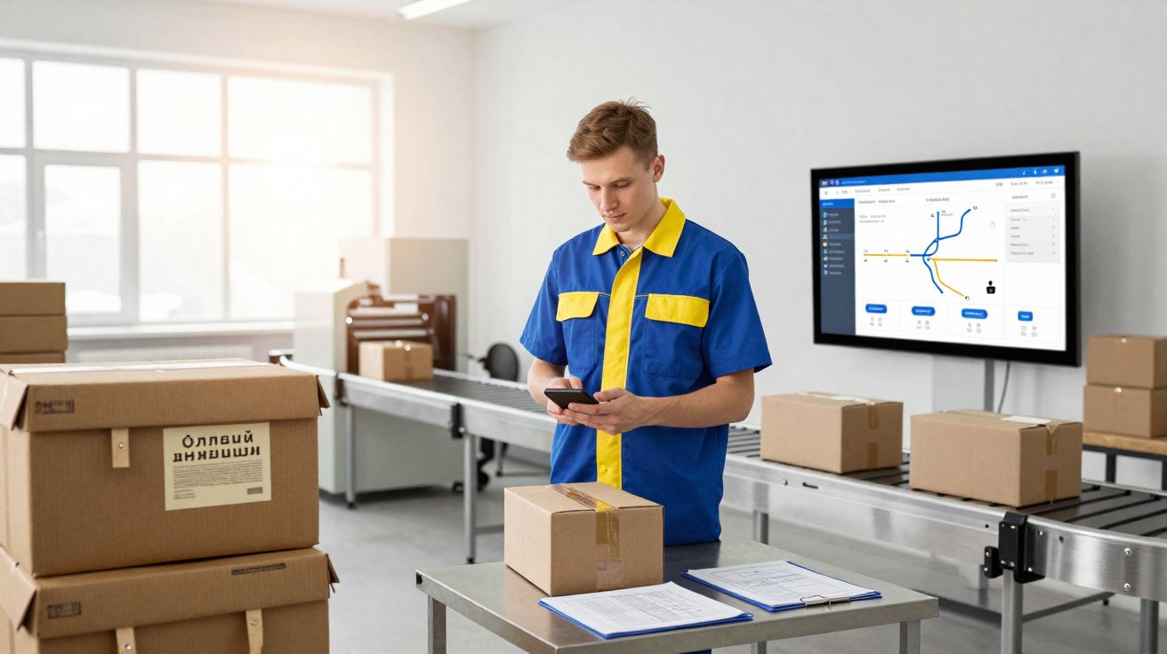 Trabalhador de armazém com uniforme azul e amarelo a verificar encomenda com telemóvel junto a mesa e esteira.