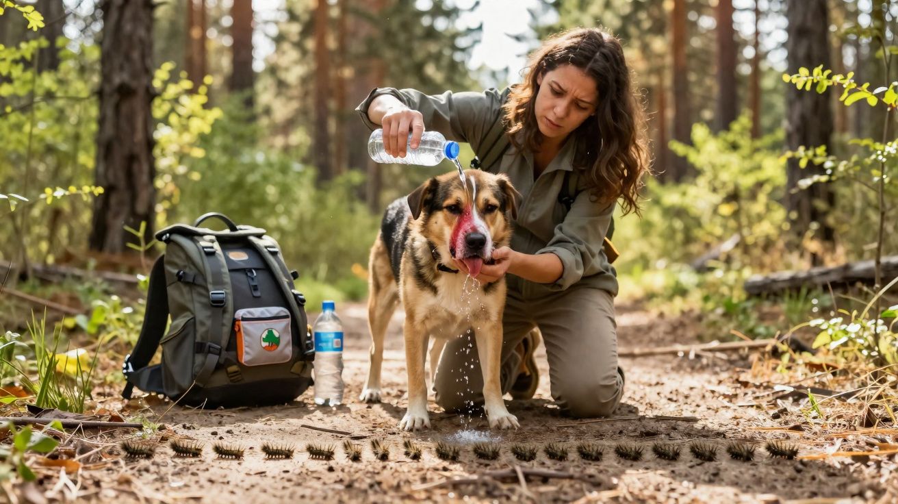 Mulher a dar água de garrafa a um cão na floresta durante uma caminhada.
