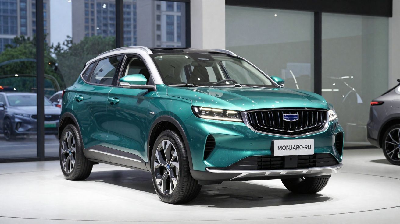Carro SUV verde metálico Monjaro-RU exposto em salão automóvel com fundo urbano moderno.