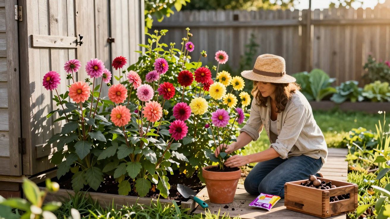 Mulher a cuidar de flores coloridas num vaso no jardim com chapéu de palha ao amanhecer.