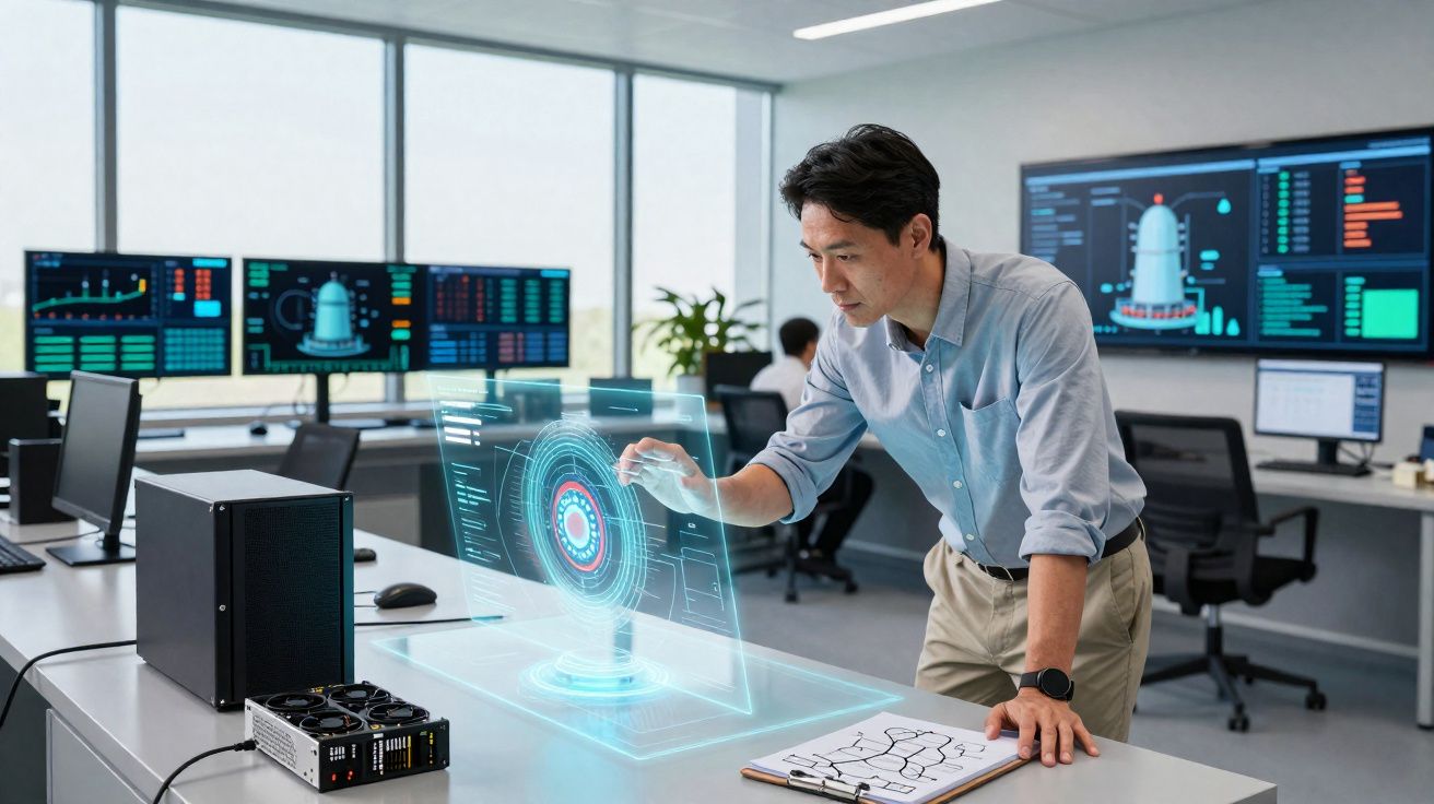 Homem em escritório tecnológico interage com ecrã holográfico mostrando gráficos e dados digitais avançados.