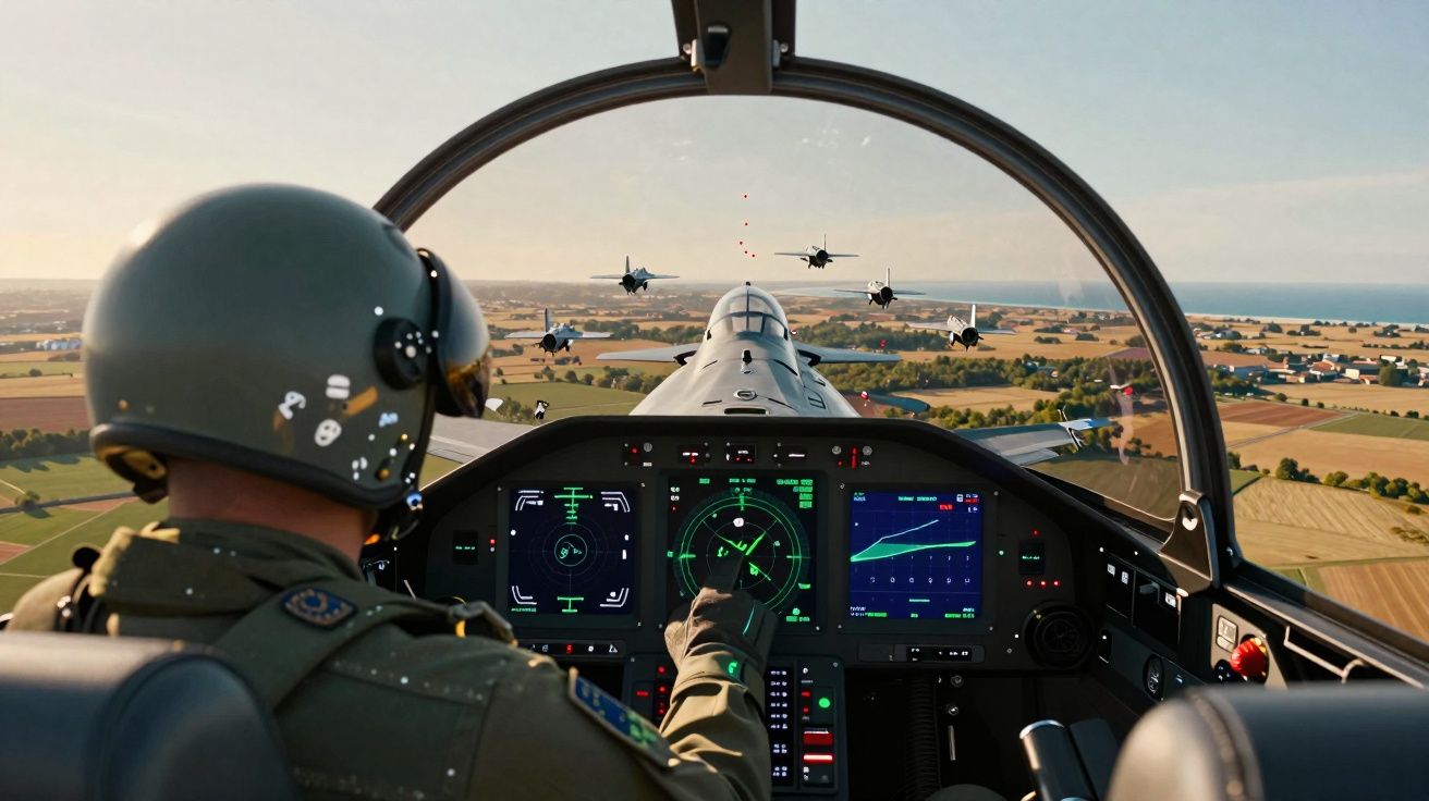 Cockpit de caça militar com piloto e formação de jatos a sobrevoar campos agrícolas ao pôr do sol.