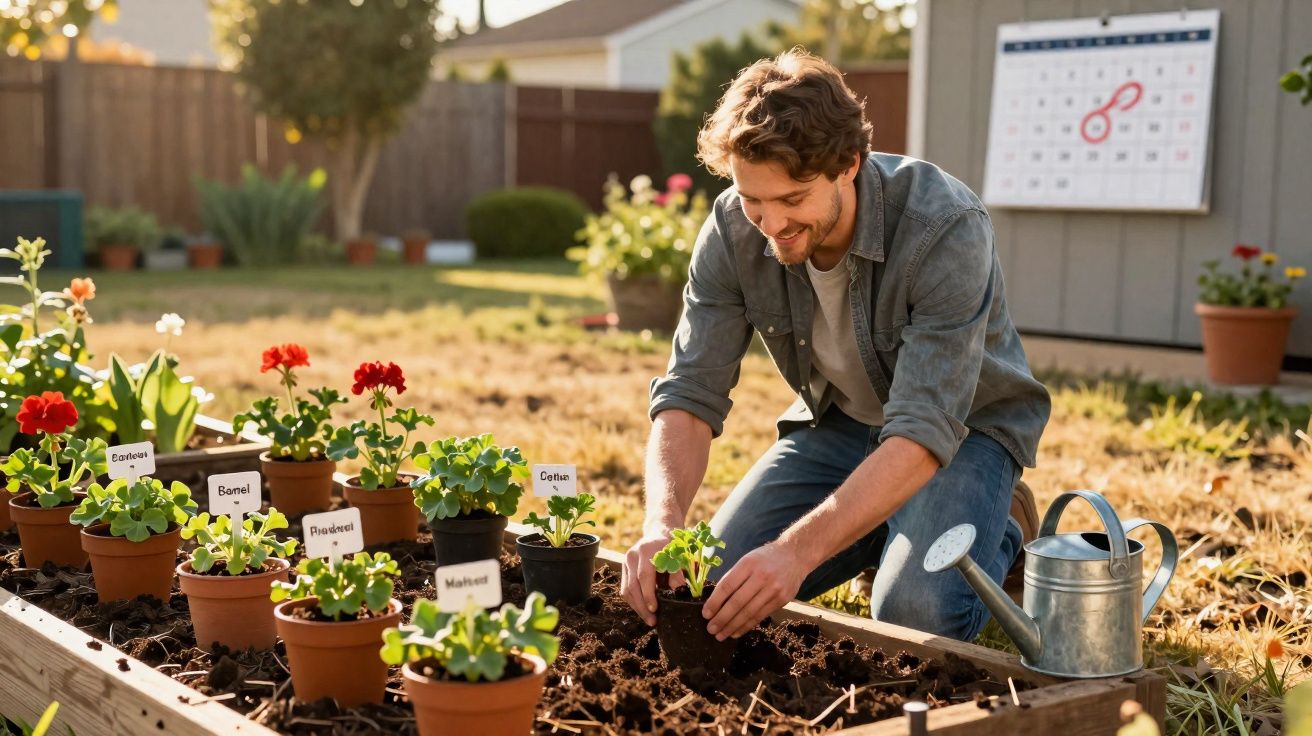 Homem a plantar flores num canteiro com regador e etiquetas de plantas num jardim.