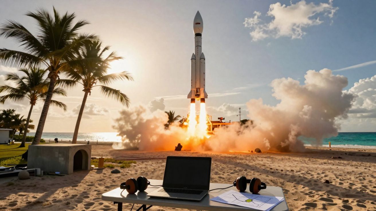 Lançamento de foguetão numa praia ao pôr do sol, com computador e auscultadores numa mesa na areia.