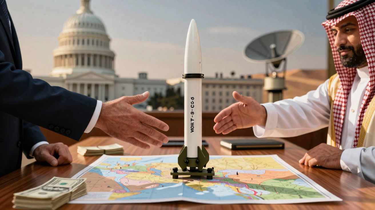 Duas pessoas a apertar as mãos sobre uma mesa com mapa, modelo de míssil e dinheiro, com o Capitólio ao fundo.