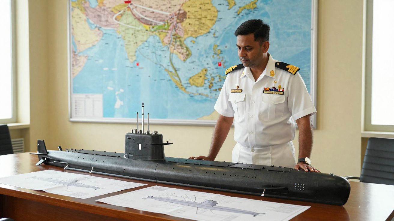 Homem em uniforme naval observa modelo de submarino preto sobre mesa com mapas e plantas.