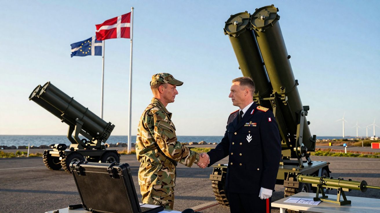 Soldados apertam as mãos junto a equipamentos militares com bandeiras da Dinamarca e UE ao fundo.