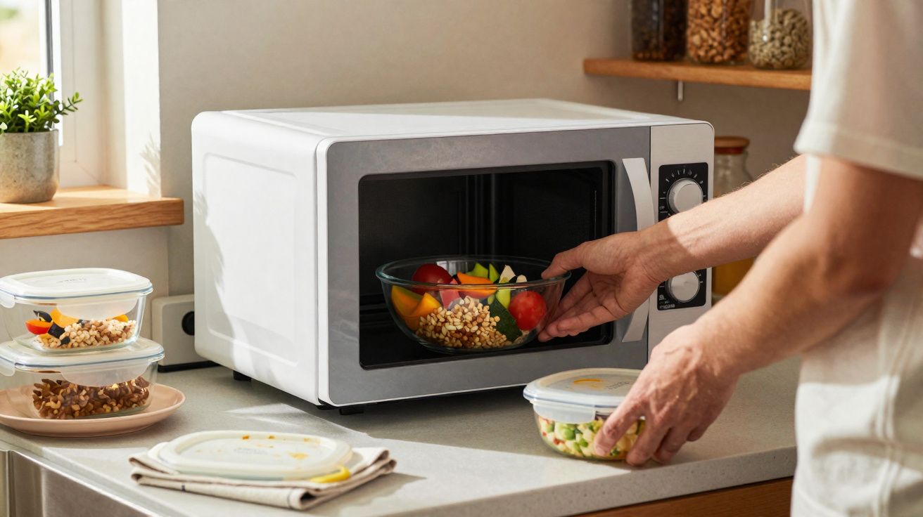 Pessoa a colocar uma tigela com legumes e grãos no micro-ondas numa cozinha iluminada.