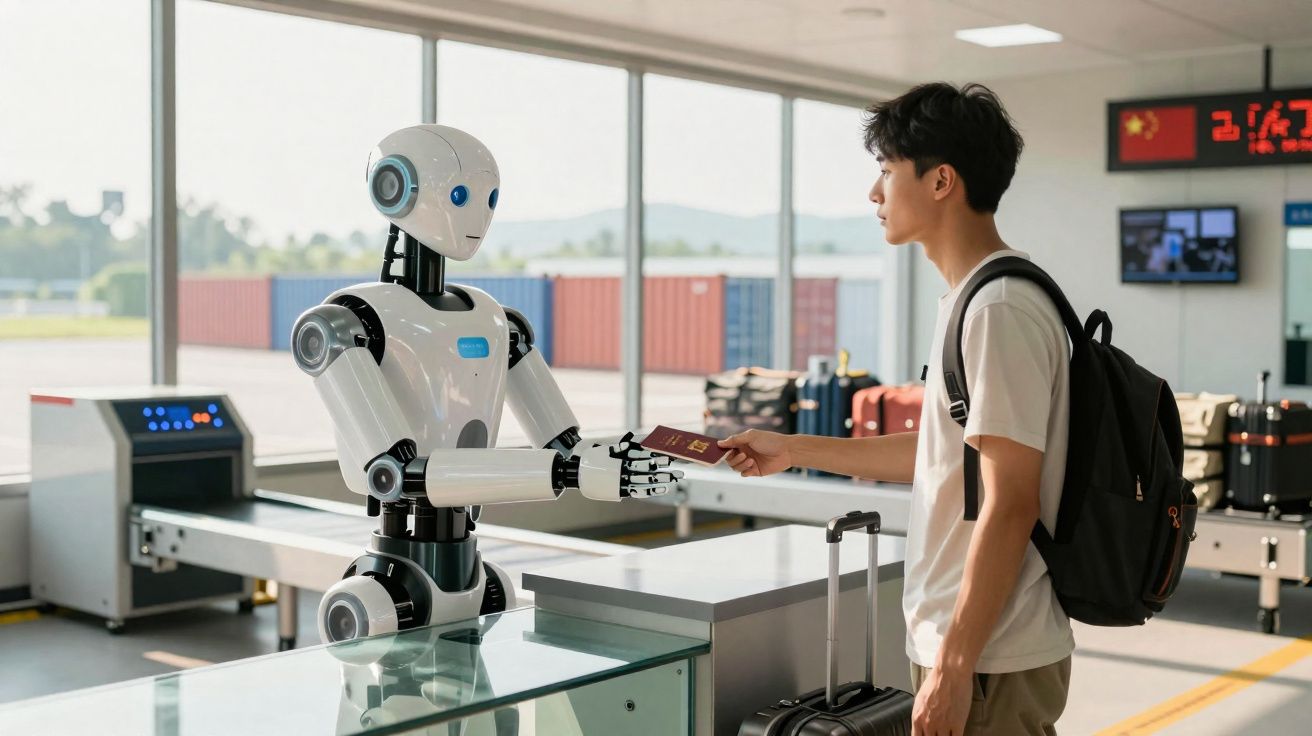Homem entrega passaporte a robô assistente num balcão de controlo de segurança no aeroporto.