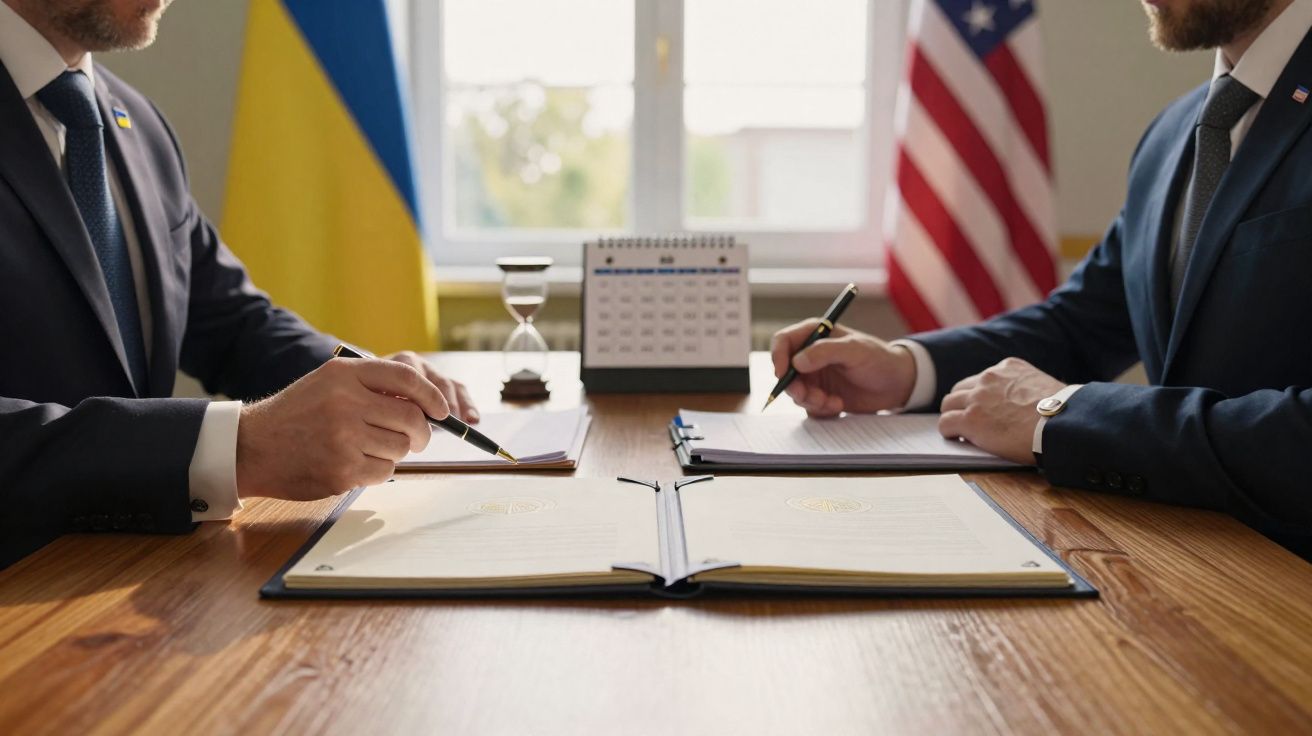 Duas pessoas de fato a assinar documentos numa mesa de madeira, com bandeiras da Ucrânia e EUA ao fundo.