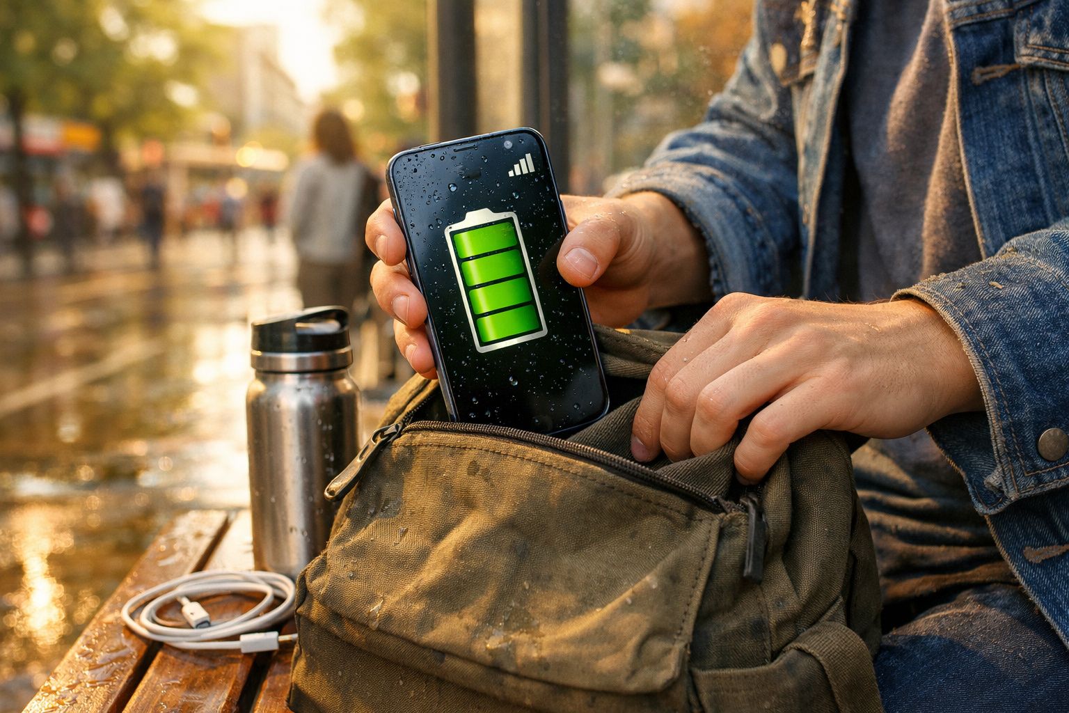 Pessoa a colocar telemóvel com bateria cheia numa mochila molhada numa rua enquanto segura garrafa térmica.