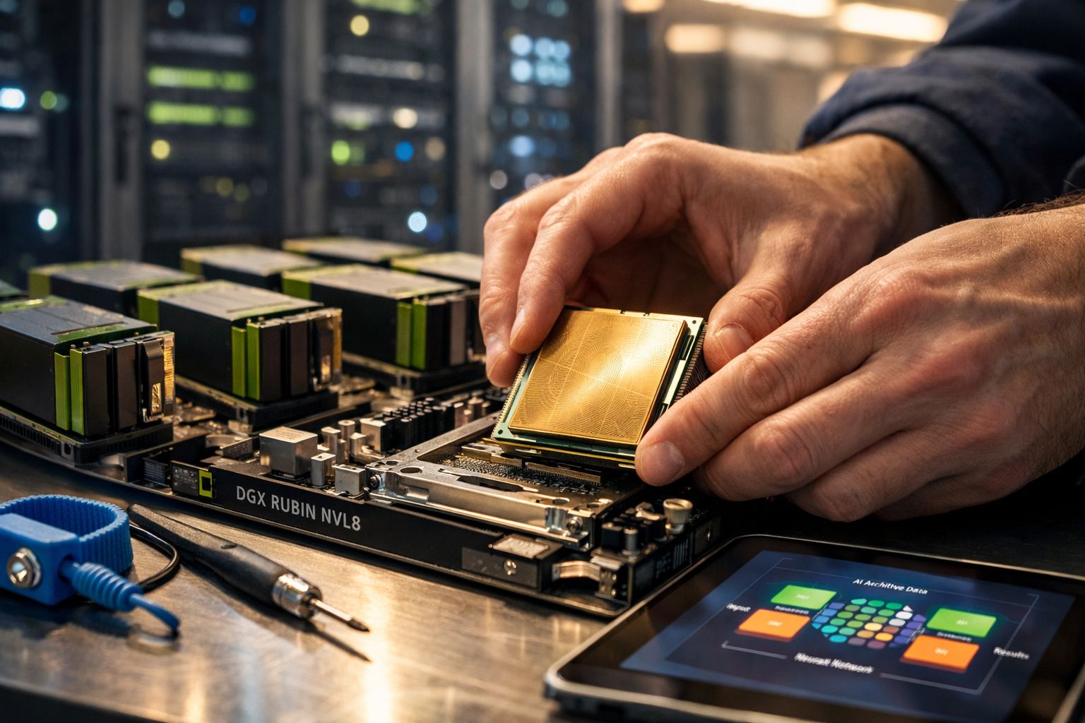 Mãos a instalar um processador dourado numa placa-mãe de computador com equipamentos e ecrã digital ao lado.