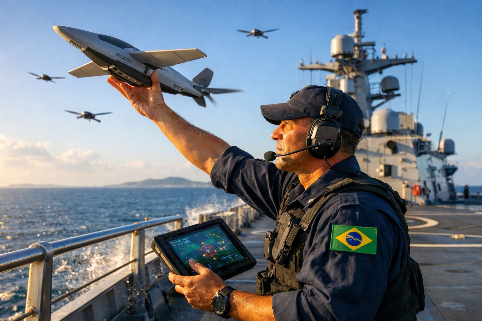 Militar brasileiro no convés de um navio a controlar um drone aéreo com tablet ao pôr do sol.