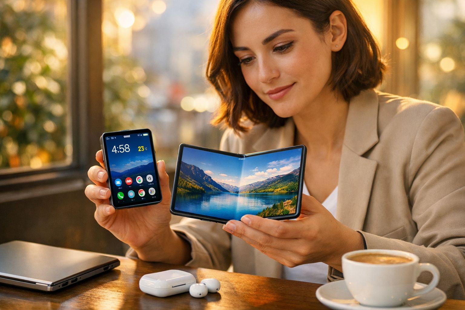 Mulher mostra telemóvel dobrável aberto com paisagem e ecrã fechado com ícones de apps.