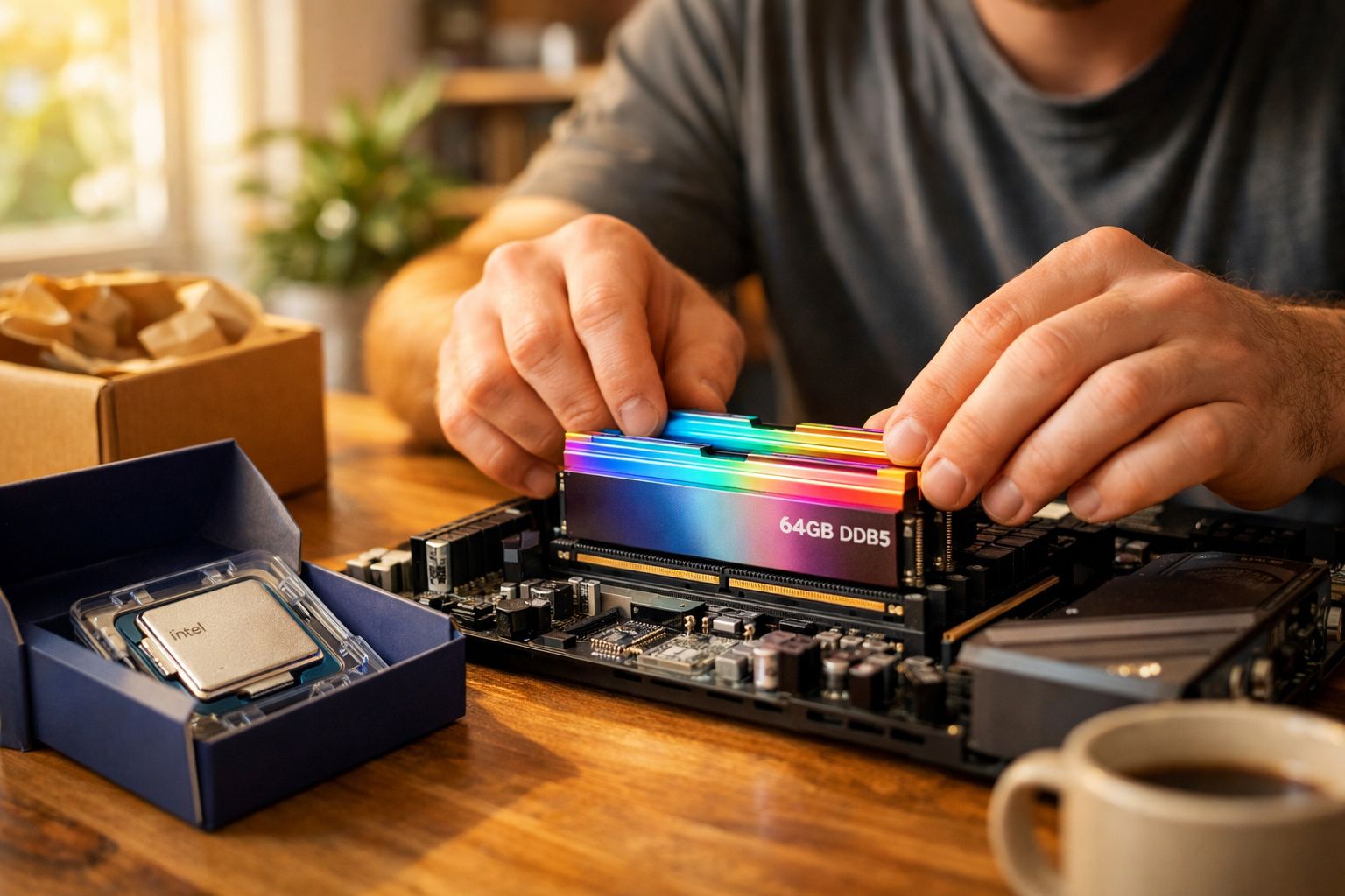 Mãos a instalar memória RAM RGB de 64GB numa placa-mãe, com processador Intel na caixa ao lado.