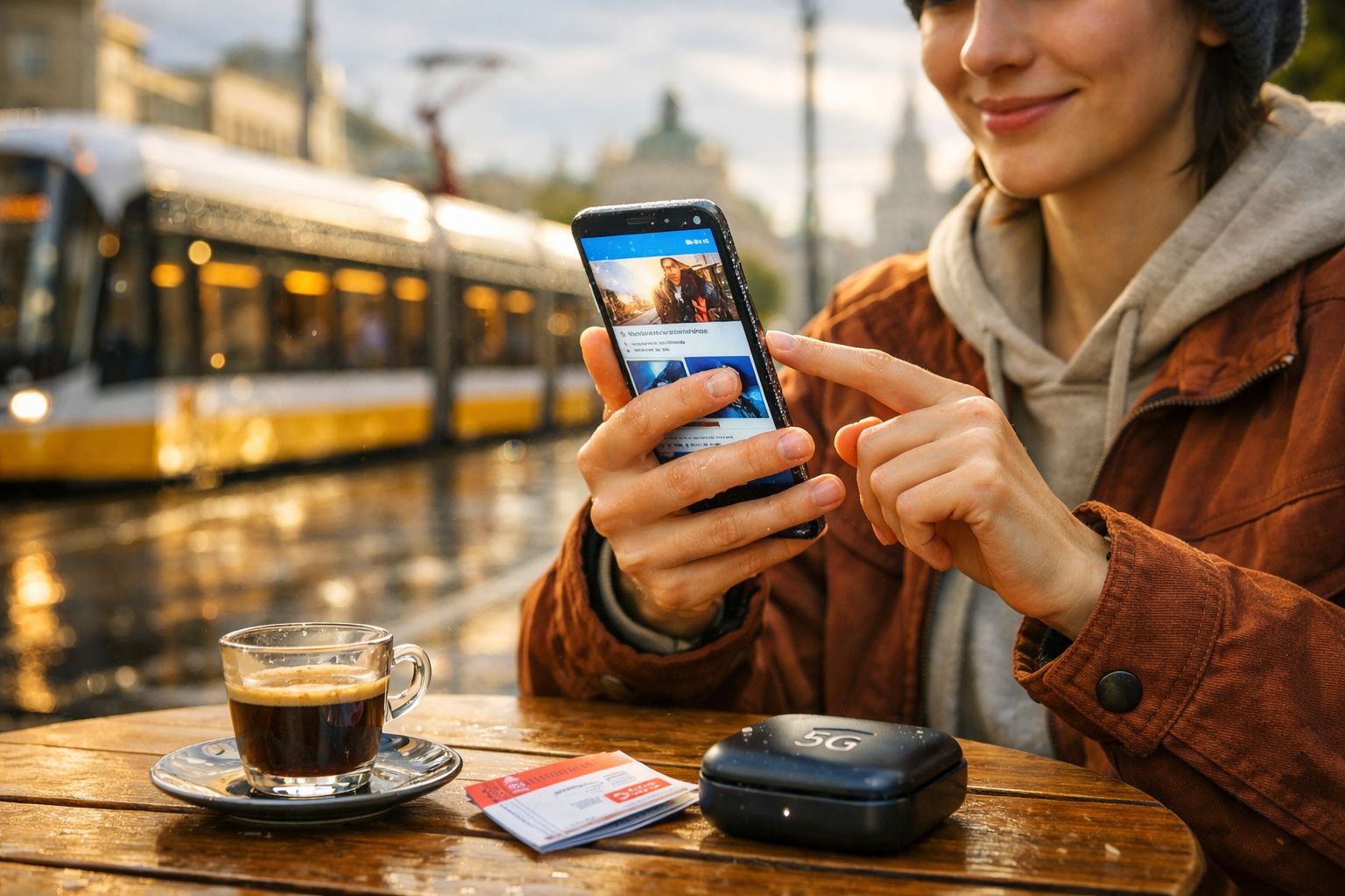 Pessoa a usar smartphone numa esplanada com café, bilhetes e auriculares 5G, com elétrico ao fundo.