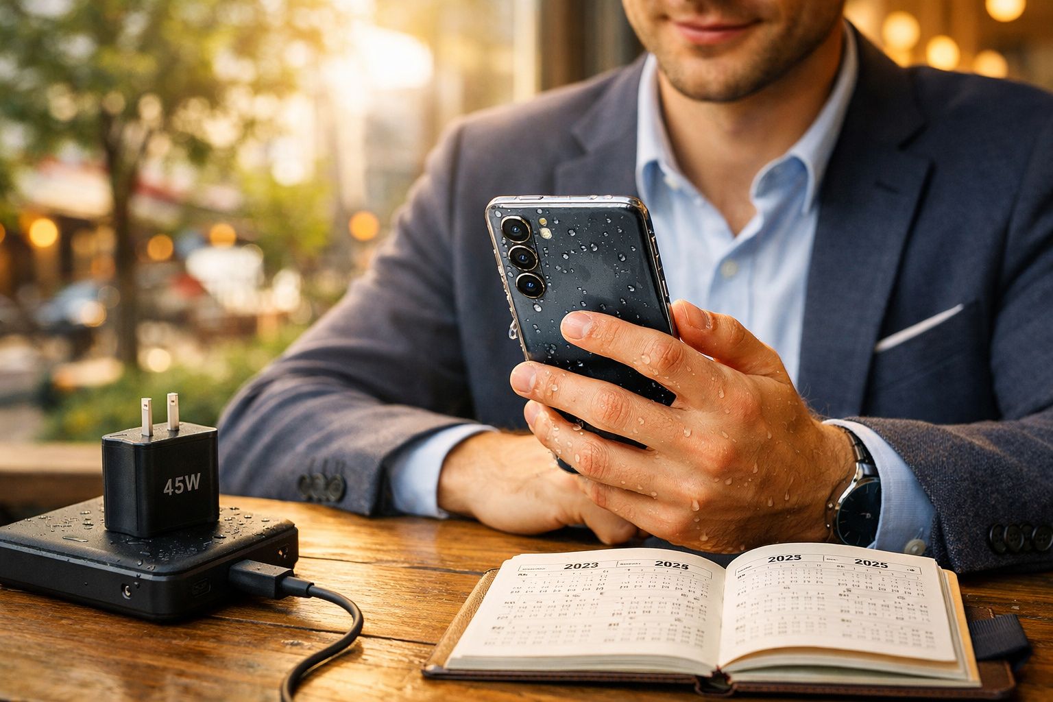 Homem de fato sentado à mesa com telemóvel molhado e carregador de 45W, em frente a calendário aberto.
