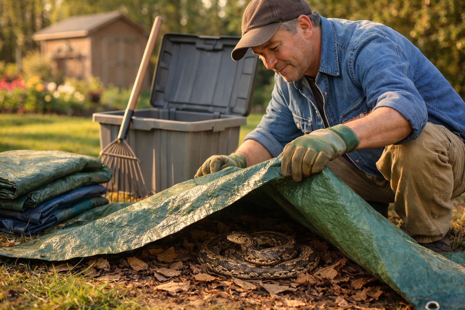 Homem de luvas e boné a levantar uma lona verde, revelando uma serpente enrolada no chão coberto de folhas secas.