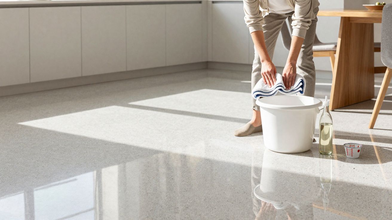 Pessoa a espremer um pano sobre um balde branco numa cozinha iluminada pelo sol.