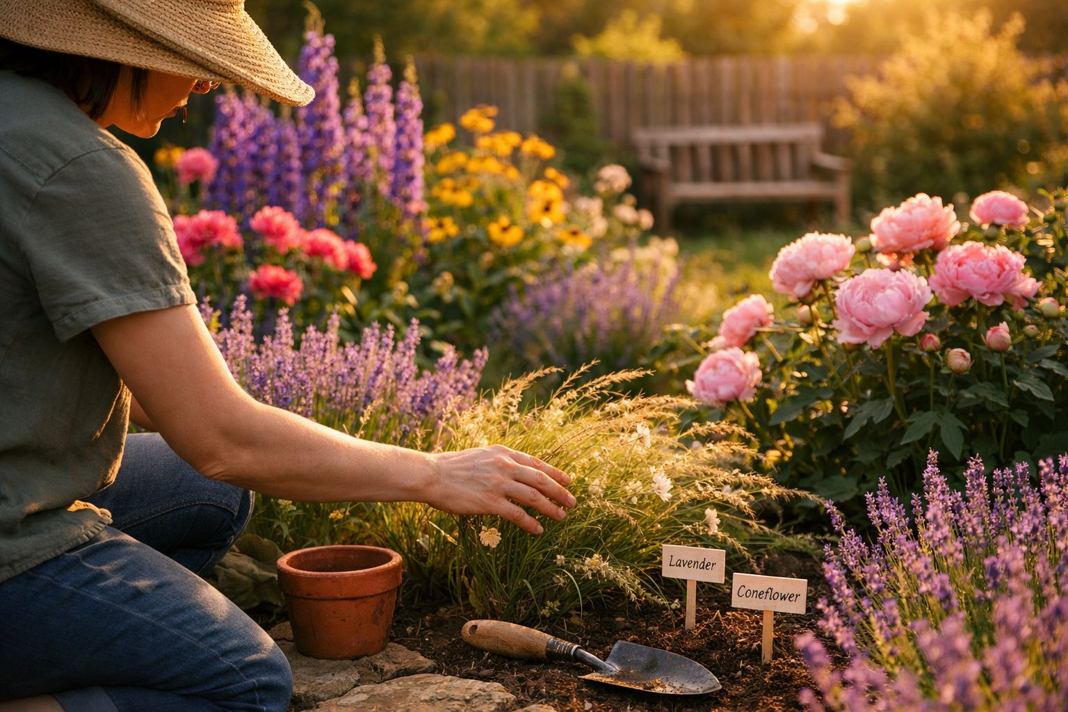 Pessoa a cuidar de um jardim florida ao pôr do sol com flores coloridas e etiquetas de plantas.