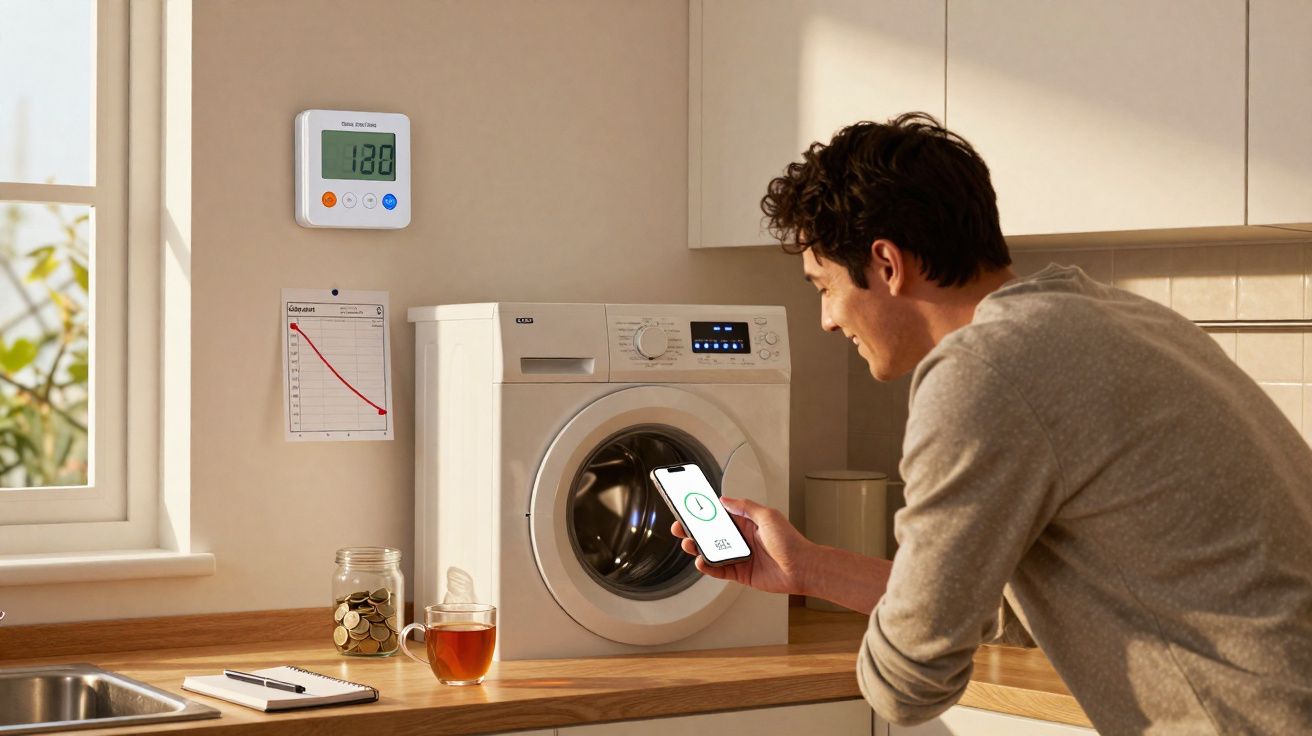 Homem numa cozinha a controlar máquina de lavar roupa através de aplicação móvel.