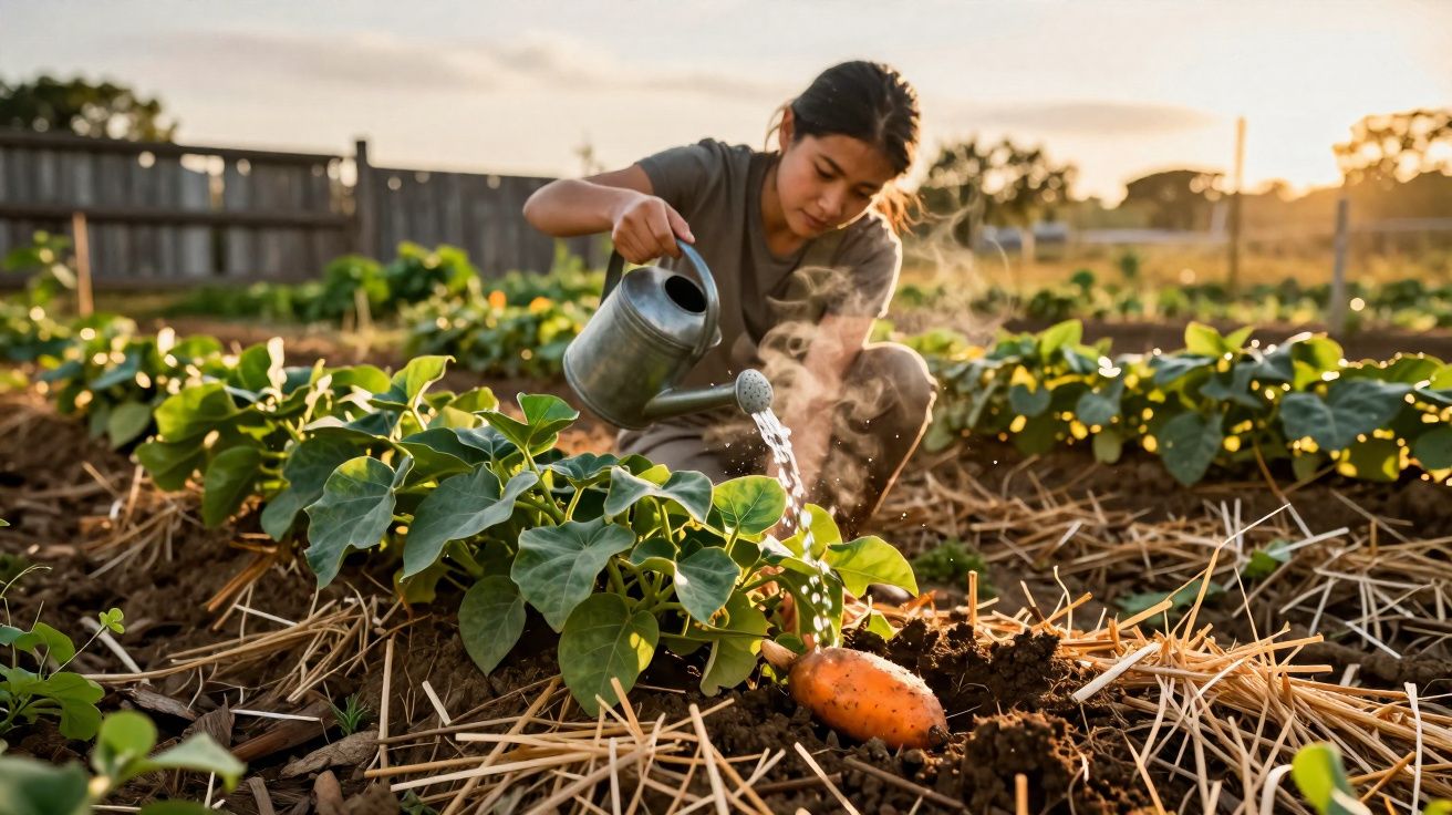 Pessoa a regar planta de batata-doce numa horta ao ar livre ao pôr do sol.