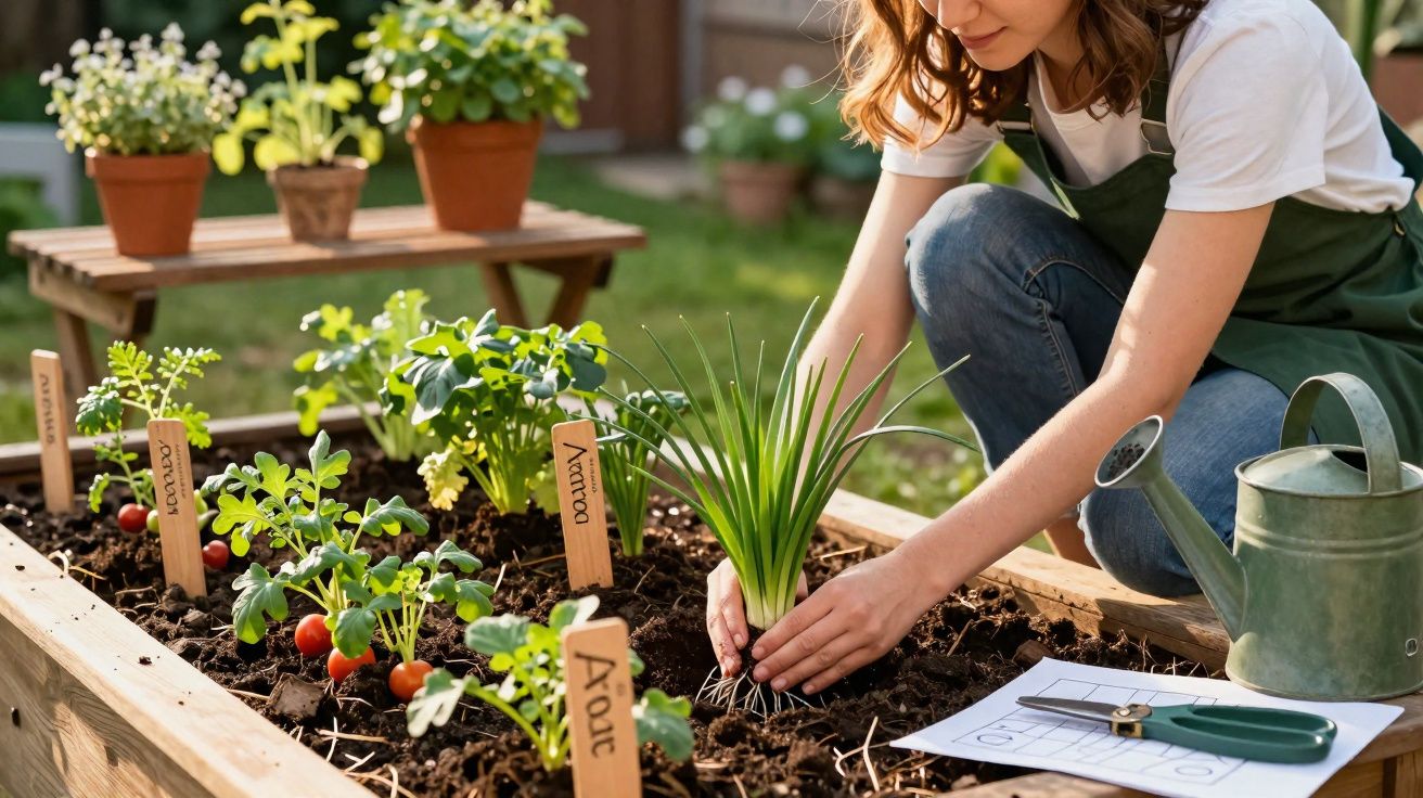 Mulher a plantar ervas aromáticas numa horta elevada ao ar livre com regador e tesoura junto.