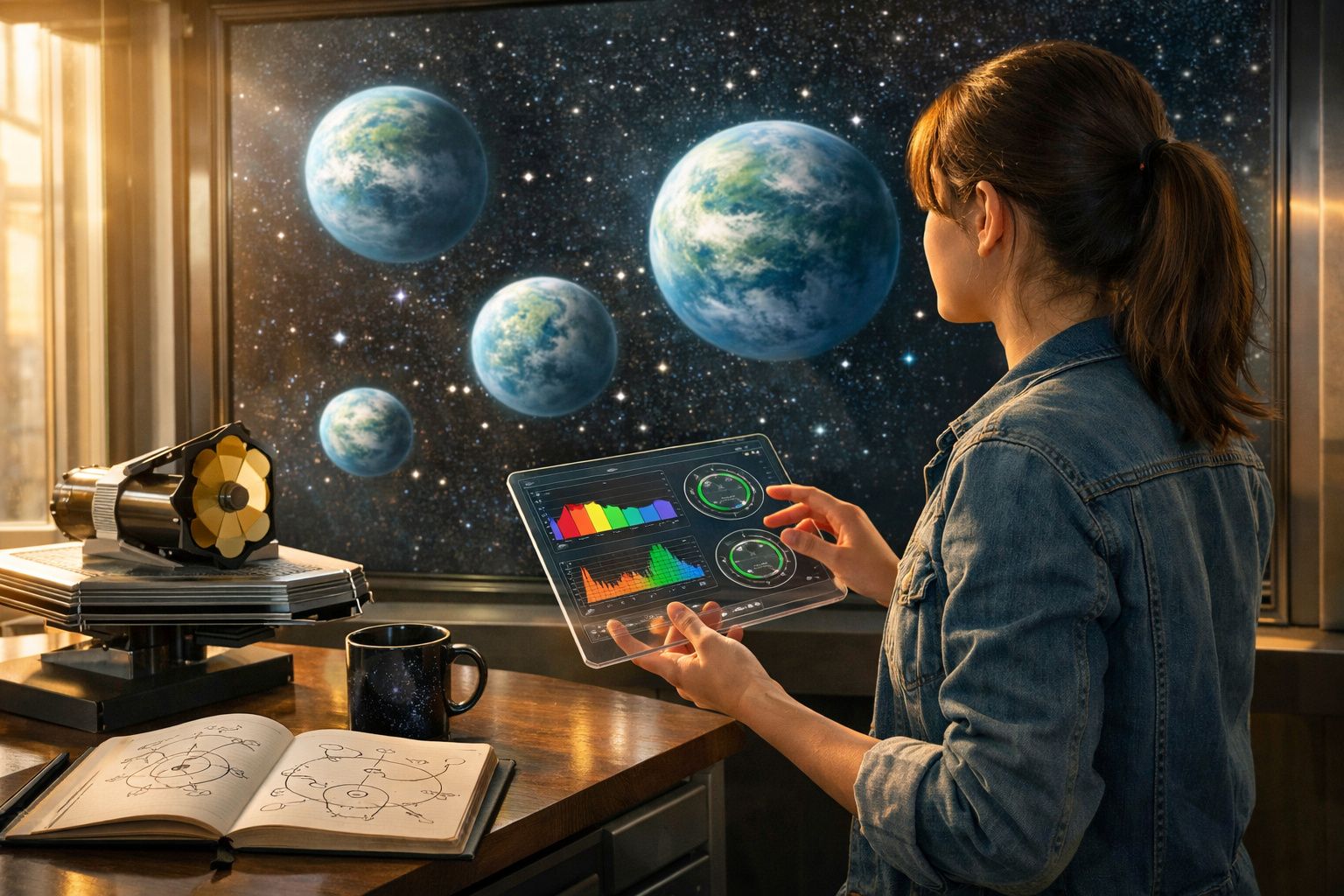 Mulher com ecrã tátil a analisar planetas virtuais numa sala com equipamento astronómico.