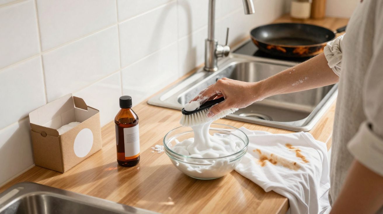 Pessoa a limpar mancha numa t-shirt branca com escova, espuma e utensílios de limpeza numa cozinha.