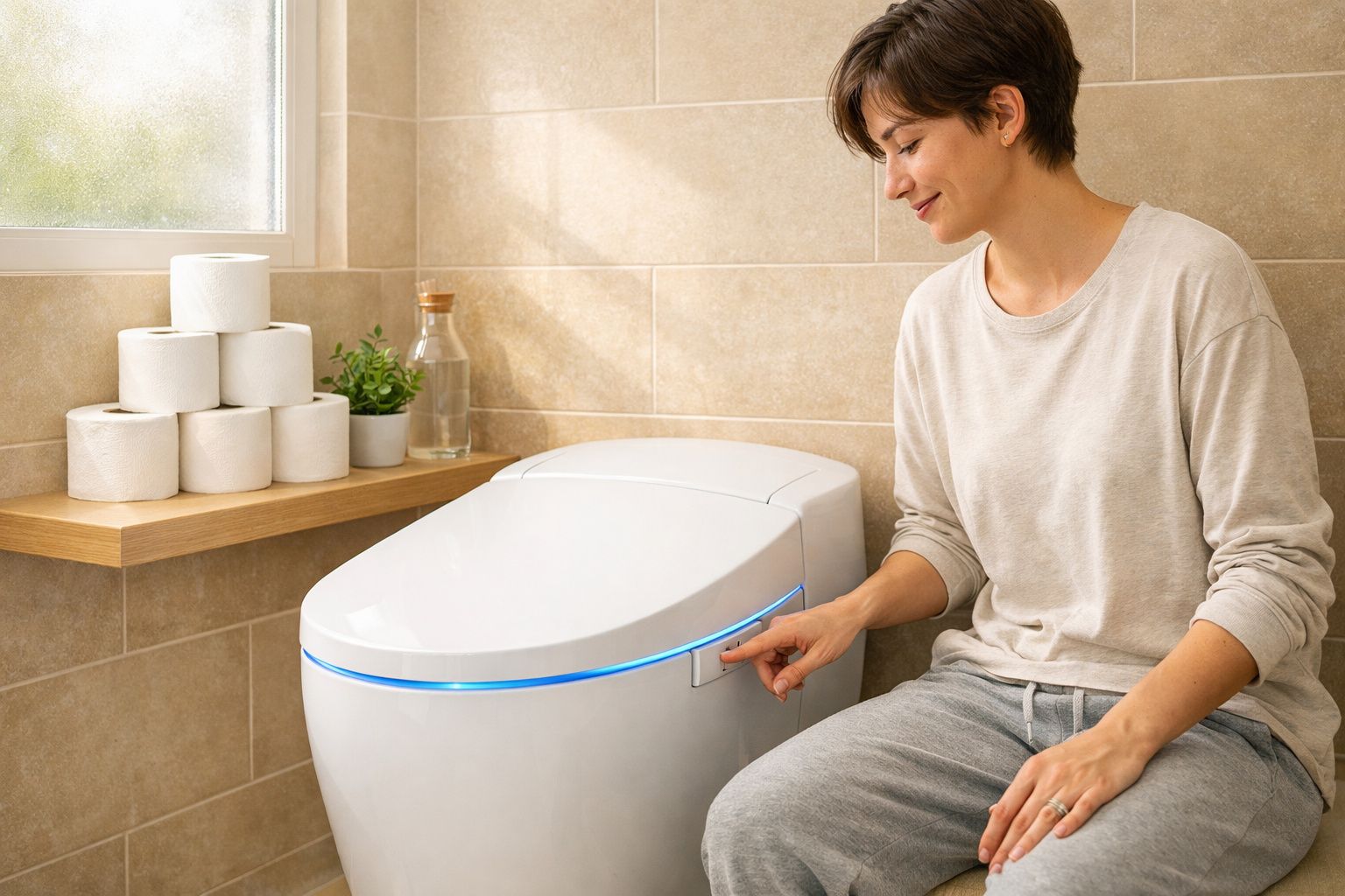 Mulher activando sanita inteligente com luz azul numa casa de banho moderna com paredes beige.