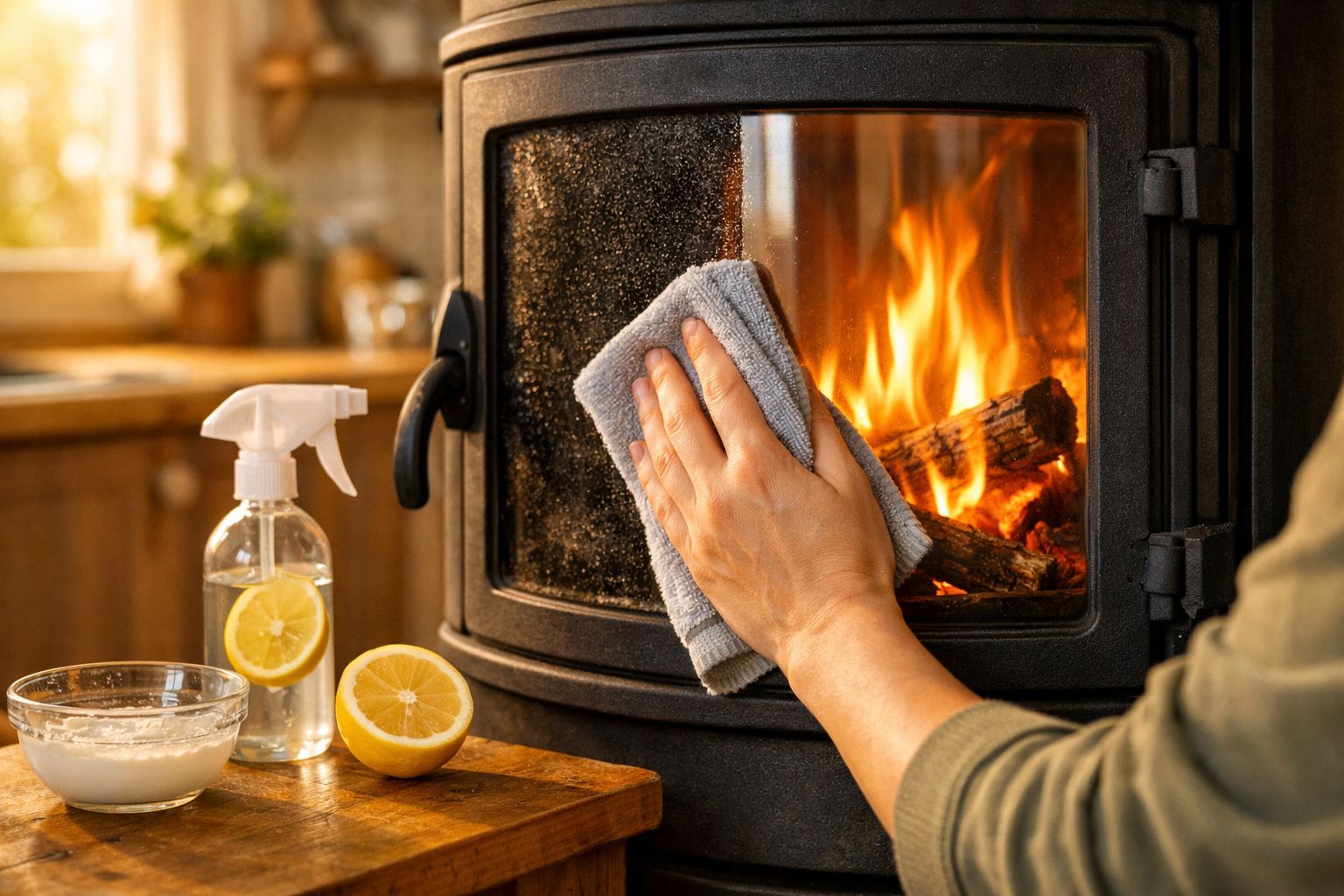 Pessoa a limpar o vidro de uma lareira acesa com um pano cinzento e produtos de limpeza naturais numa cozinha.