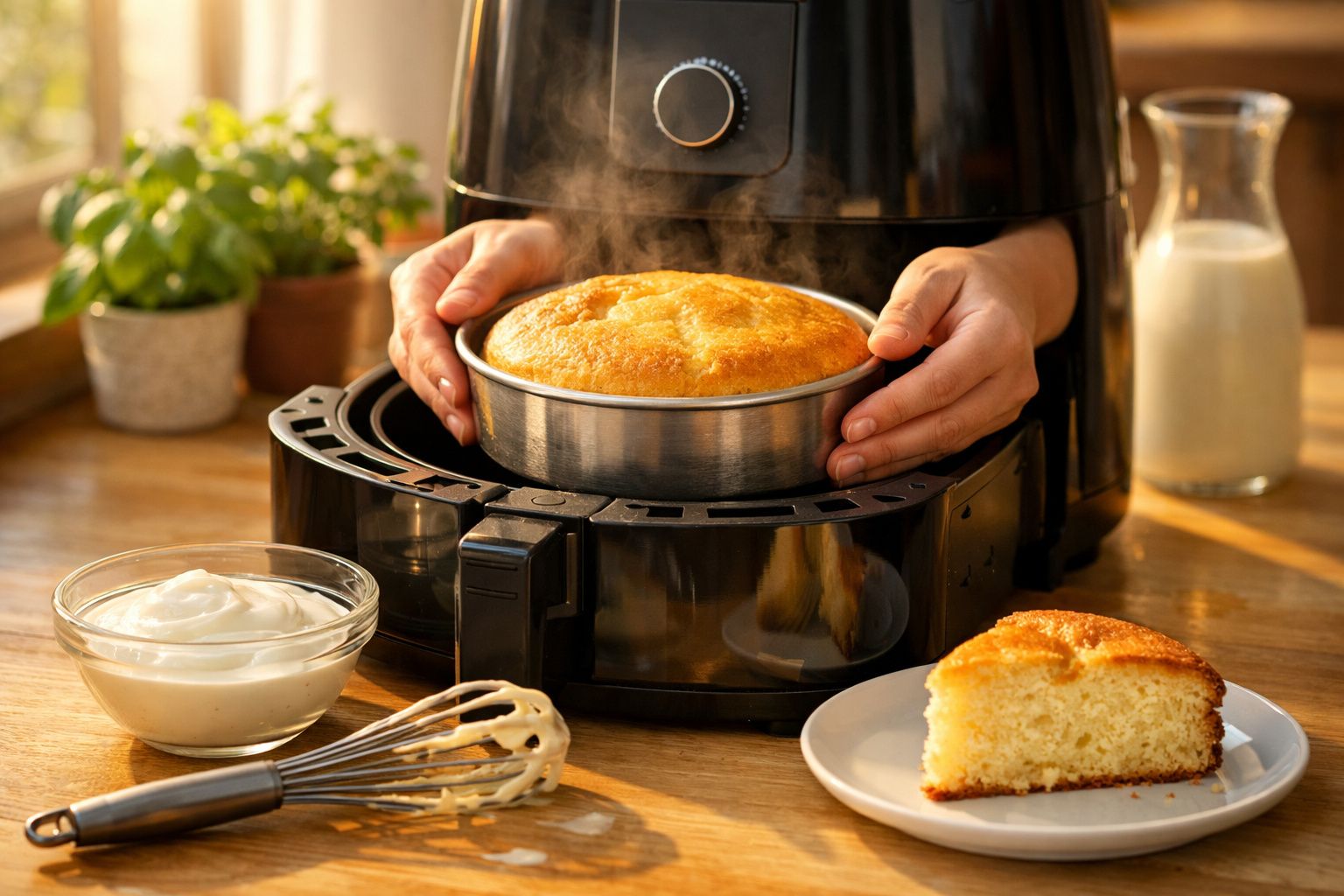 Pessoa a retirar bolo acabado de cozer em fritadeira elétrica de ar, com bolo e ingredientes numa mesa de cozinha.