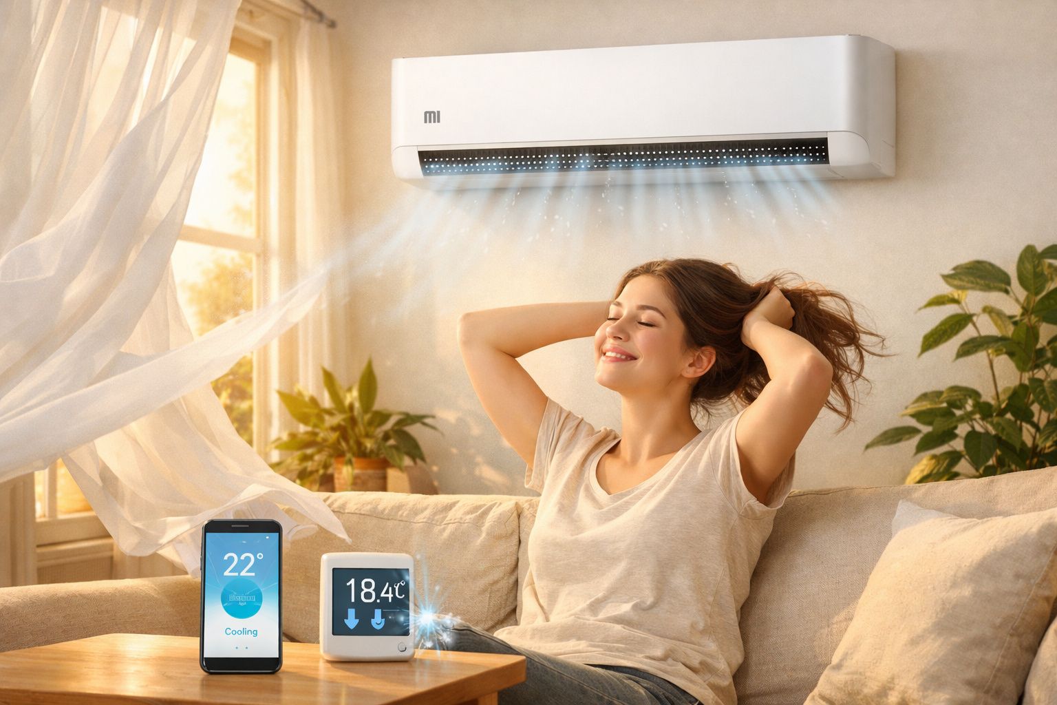 Mulher sentada no sofá a relaxar com ar condicionado Xiaomi a funcionar ao fundo, temperatura visível no telemóvel.